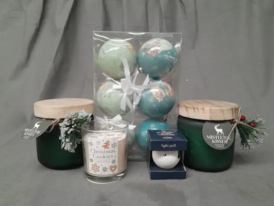 LARGE ASSORTMENT OF FESTIVE HOUSEHOLD AND DECORATIVE ITEMS TO INCLUDE DISNEY BAUBLES PACK, MISTLETOE KISSES SCENTED CANDLE, CHRISTMAS COOKIES SCENTED CANDLE, ETC - COLLECTION ONLY