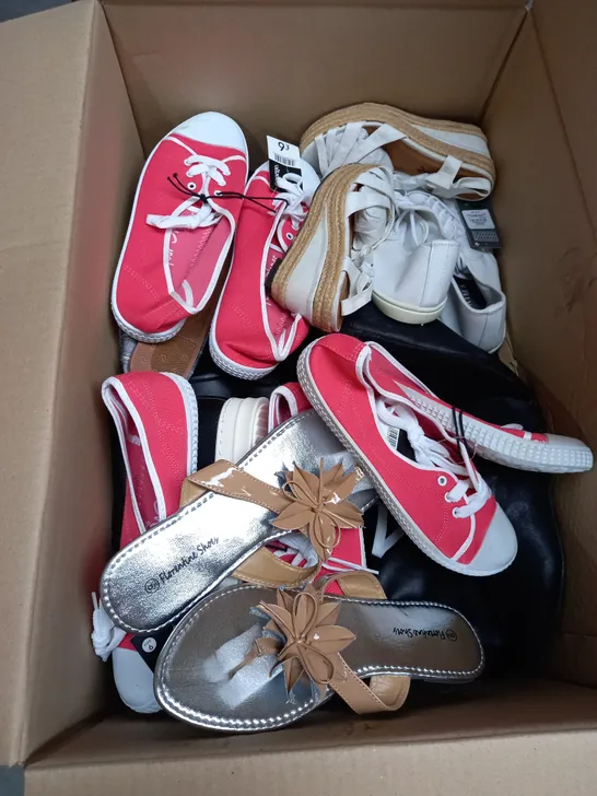 BOX OF APPROX 10 PAIRS OF ASSORTED WOMENS SHOES IN VARIOUS COLOURS, STYLES AND SIZES