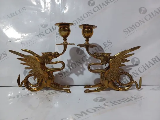 PAIR OF DRAGON PHOENIX CANDLE HOLDERS IN ANTIQUE BRASS FINISH