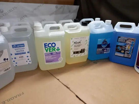 LOT OF 11 ASSORTED LARGE HOME LIQUID ITEMS TO INCLUDE 5L CAREX, DISTILLED WATER AND LENOR SPRING / COLLECTION ONLY