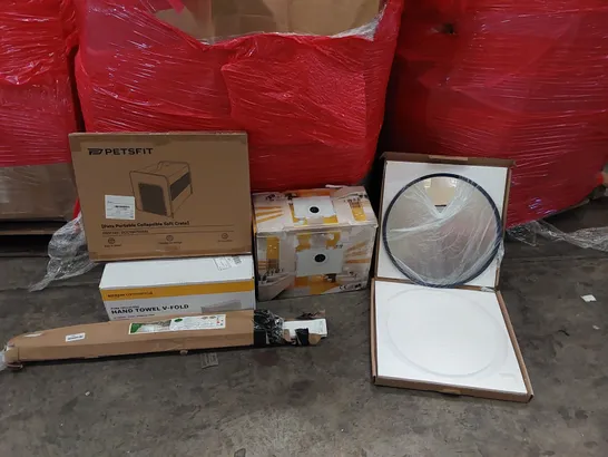 PALLET OF ASSORTED ITEMS INCLUDING: FLO700 TOILET PUMP, BOX OF APPROXIMATELY 266 HAND TOWELS, ROUND MIRROR, LED CEILING LIGHT, PORTABLE PET CRATE