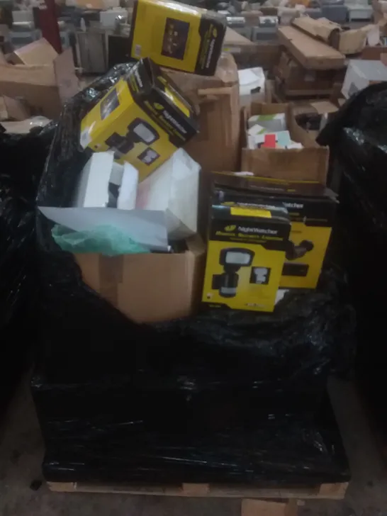 PALLET OF ASSORTED ELECTRICAL ITEMS INCLUDING NIGHTWATCHER SECURITY SYSTEMS AND LIGHTING, TECHNOLOGY TABLETS, NANOSAT