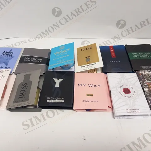 APPROXIMATELY 100 ASSORTED 1ML TESTER FRAGRANCES TO INCLUDE; PENHALIGONS, VIKTOR AND ROLF, PRADA, PACO RABANNE, GIORGIO ARMANI, YVES SAINT LAURENT, VERSACE, HUGO BOSS, MUGLER AND GUERLAIN