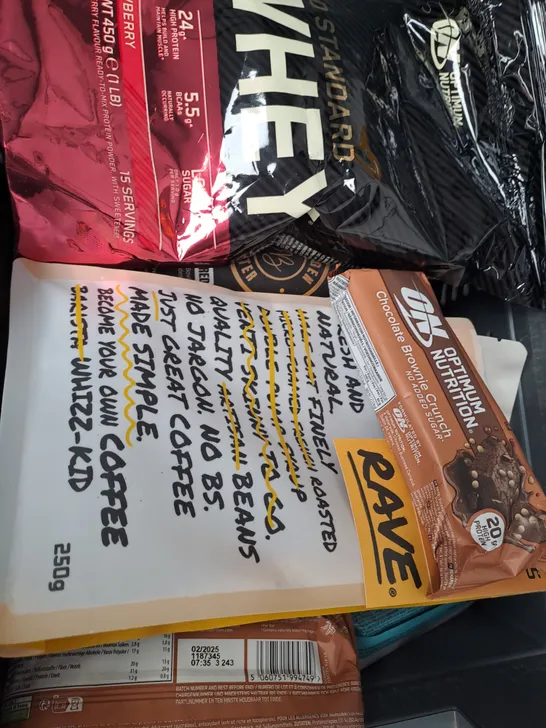 BOX OF APPROX 10 ASSORTED ITEMS TO INCLUDE - WHEY PROTEIN, PROTEIN BAR, COFFEE ETC