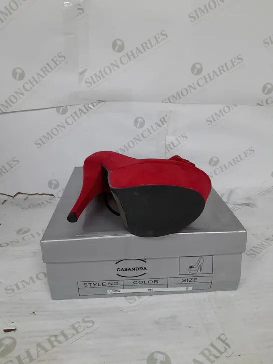 BOXED PAIR OF CASANDRA PLATFORM STILLETTO HEEL IN RED SUEDE WITH RHINESTONE BOW DETAIL SIZE 5