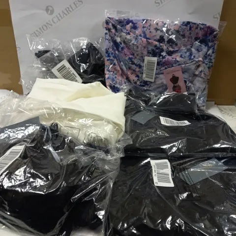 BOX OF APPROXIMATELY 7 ARTICLES OF CLOTHING TO INCLUDE 5 RUTH LANGSFORD BLACK T-SHIRTS, NIN LEAONARD TYEDYE SHIRT, MR MAX FASHION WHITE SUIT PANTS