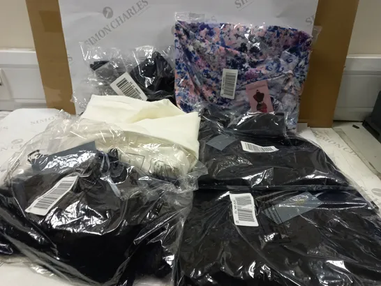 BOX OF APPROXIMATELY 7 ARTICLES OF CLOTHING TO INCLUDE 5 RUTH LANGSFORD BLACK T-SHIRTS, NIN LEAONARD TYEDYE SHIRT, MR MAX FASHION WHITE SUIT PANTS