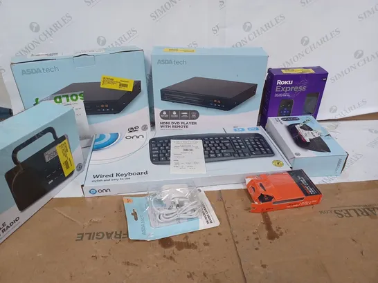 BOX OF APPROXIMATELY ASSORTED 50 ITEMS TO INCLUDE A HDMI DVD PLAYER WITH REMOTE, A WIRED KEYBOARD. A PORTABLE AM/FM RADIO AND A FM ALARM CLOCK 