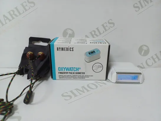 SET OF 3 ASSORTED ITEMS TO INCLUDE - HOMEDEICS OXYWATCH - ME ELOS REPLACEMENT CARTRIDGE - SMILE JAMAICA WIRED EAR BUDS