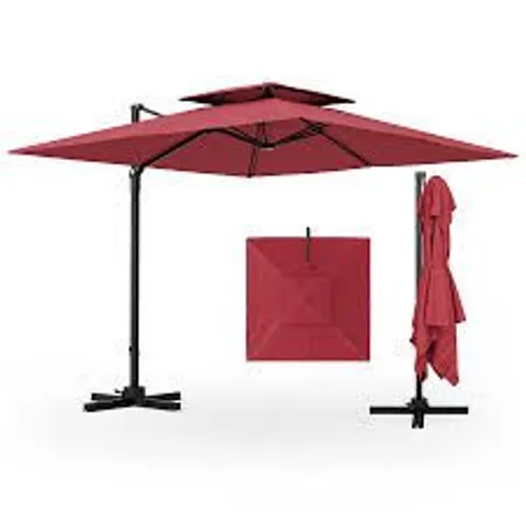 BOXED COSTWAY 3M SQUARE CANTILEVER GARDEN PARASOL WITH 360° ROTATION AND DOUBLE TOP - WINE