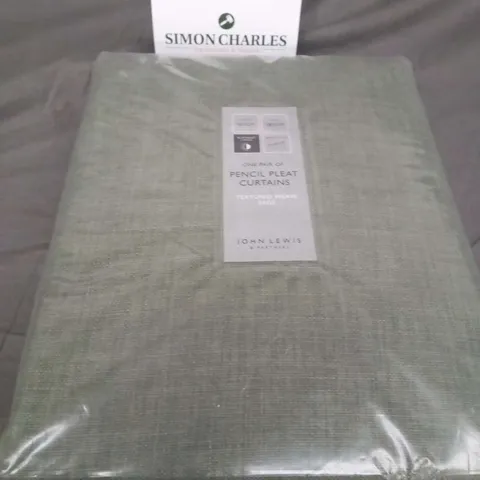 BAGGED JOHN LEWIS ONE PAIR OF PENCIL PLEAT CURTAINS TEXTURED WEAVE SAGE 167CM WIDTH 182CM DROP