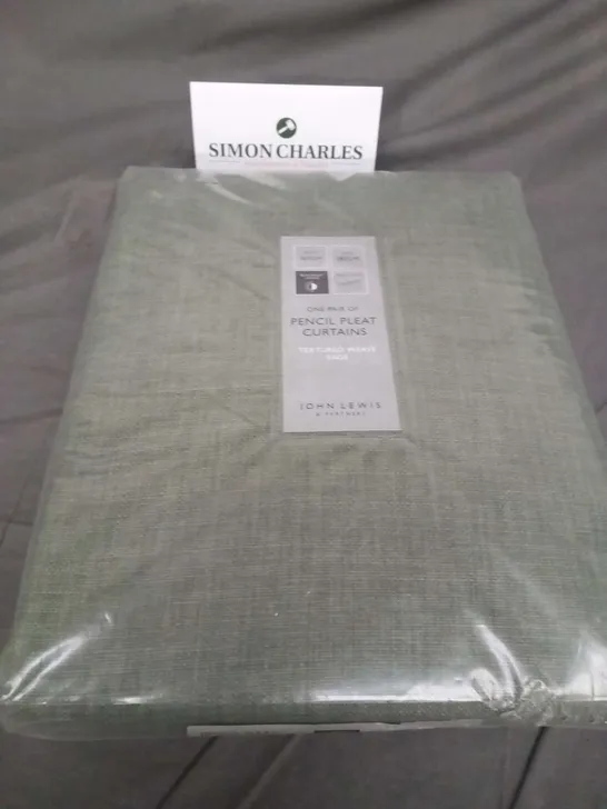 BAGGED JOHN LEWIS ONE PAIR OF PENCIL PLEAT CURTAINS TEXTURED WEAVE SAGE 167CM WIDTH 182CM DROP