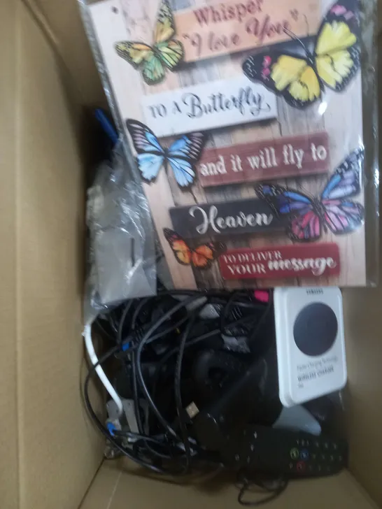 BOX OF APPROXIMATELY 20 ASSORTED COSMETIC ITEMS TO INCLUDE - WIRELESS CHARGER, SKY REMOTE, CRYSTALS ETC