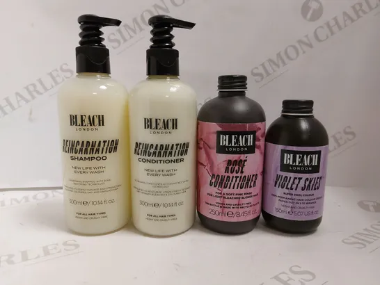 BOX OF 4 BLEACH LONDON ITEMS TO INCLUDE SHAMPOO AND CONDITIONER AND VIOLET SKIES COLOUR CREAM