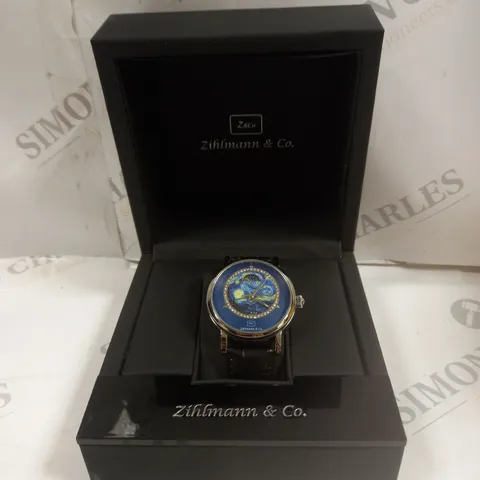 MENS ZIHLMANN & CO AUTOMATIC WATCH – Z150 – MOONPHASE DIAL – GLASS EXHIBITION BACKCASE - SILVER COLOUR CASE – BLACK LEATHER STRAP