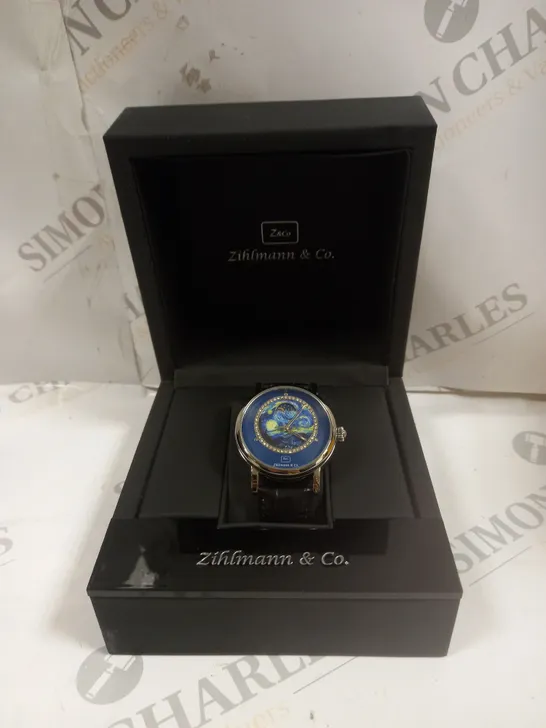 MENS ZIHLMANN & CO AUTOMATIC WATCH – Z150 – MOONPHASE DIAL – GLASS EXHIBITION BACKCASE - SILVER COLOUR CASE – BLACK LEATHER STRAP