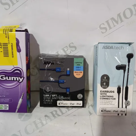 BOX OF APPROXIMATELY 20 ASSORTED ELECTRICAL ITEMS TO INCLUDE ASDA TECH EARBUDS WITH LIGHTNING CONNECTION, ASDA TECH SYNC AND CHARGE CABLE, JVC GUMY STEREO HEADPHONES