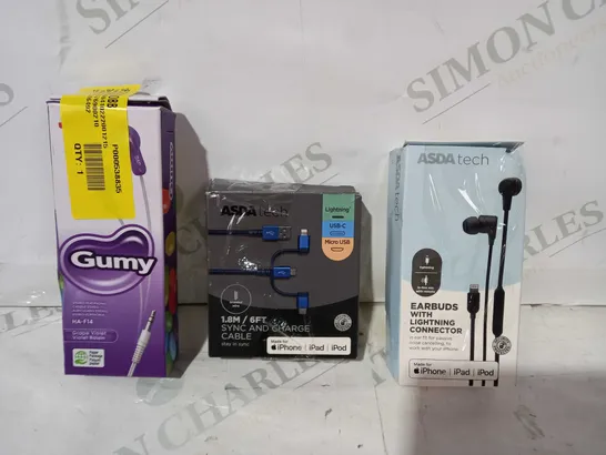 BOX OF APPROXIMATELY 20 ASSORTED ELECTRICAL ITEMS TO INCLUDE ASDA TECH EARBUDS WITH LIGHTNING CONNECTION, ASDA TECH SYNC AND CHARGE CABLE, JVC GUMY STEREO HEADPHONES