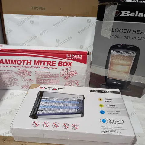 BOX OF APPROX 5 ITEMS TO INCLUDE HALOGEN HEATER, INSECT KILLER AND MITRE BOX