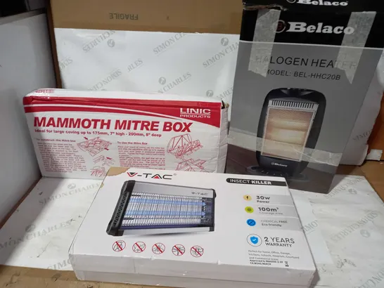 BOX OF APPROX 5 ITEMS TO INCLUDE HALOGEN HEATER, INSECT KILLER AND MITRE BOX