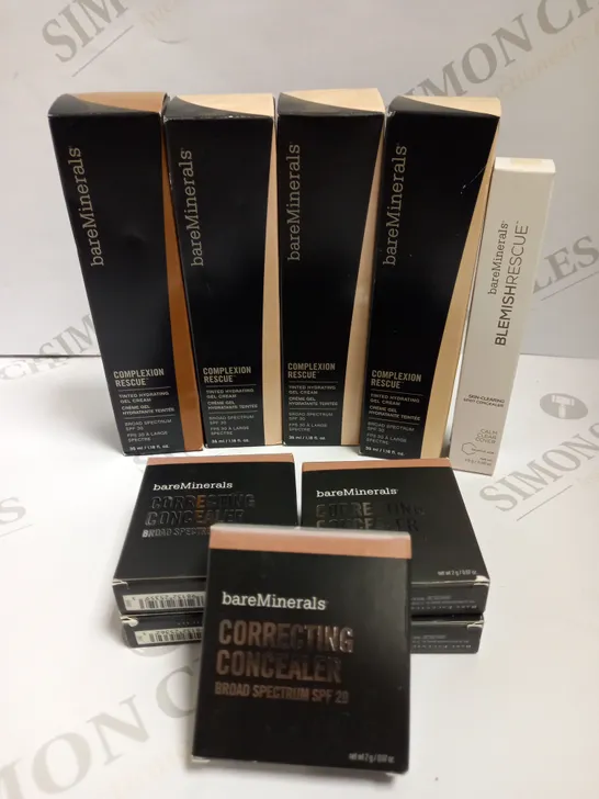 LOT OF 10 ASSORTED BAREMINERALS BEAUTY PRODUCTS TO INCLUDE COMPLEXION RESCUE TINTED HYDRATING GEL CREAM, BLEMISH RESCUE SPOT CONCEALER AND CORRECTING CONCEALER  