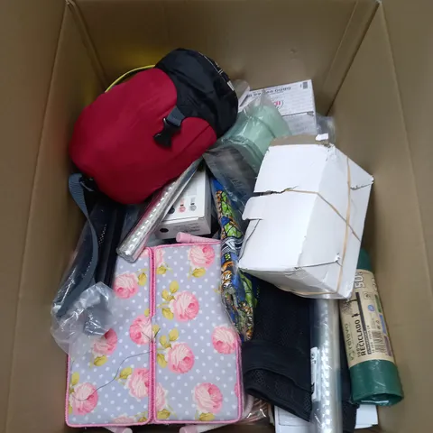 BOX OF APROXIMATELY 20 ASSORTED HOUSEHOLD ITEMS TO INCLUDE HAND FANS . BIN BAGS , JEWELLERY BOX 