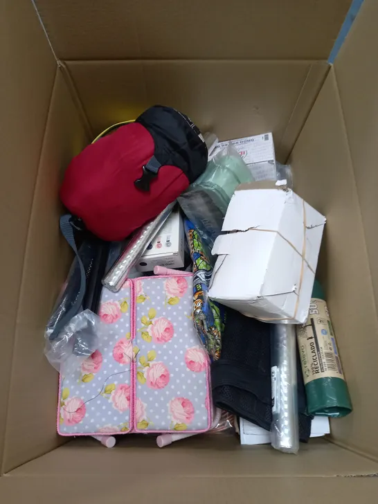 BOX OF APROXIMATELY 20 ASSORTED HOUSEHOLD ITEMS TO INCLUDE HAND FANS . BIN BAGS , JEWELLERY BOX 