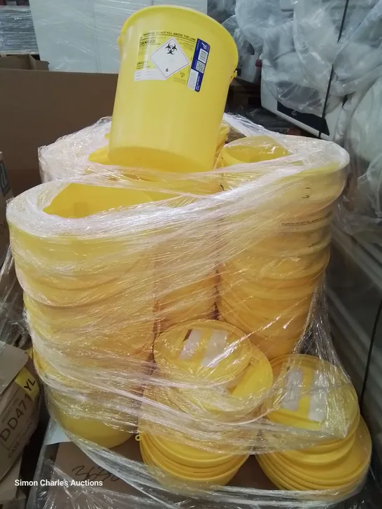 PALLET CONTAINING APPROXIMATELY 38 SHARPGUARD YELLOW 22 HAZARDOUS WASTE BUCKETS & LIDS