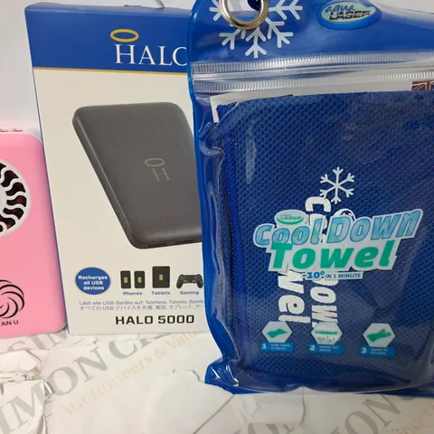 LOT OF ASSORTED ITEMS TO INCLUDE COOL DOWN TOWEL - PERSONAL FAN - PORTABLE BATTERY CHARGER 