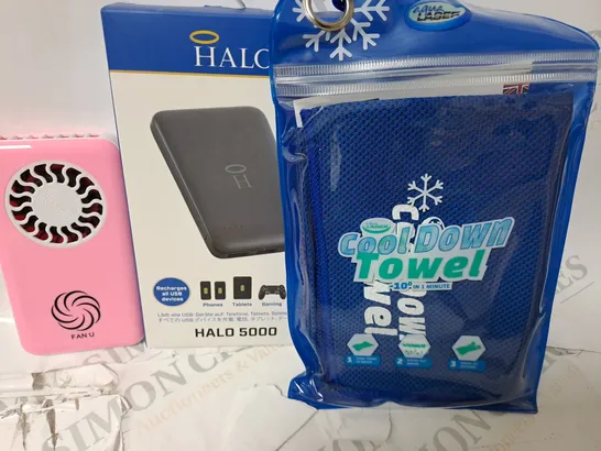 LOT OF ASSORTED ITEMS TO INCLUDE COOL DOWN TOWEL - PERSONAL FAN - PORTABLE BATTERY CHARGER 