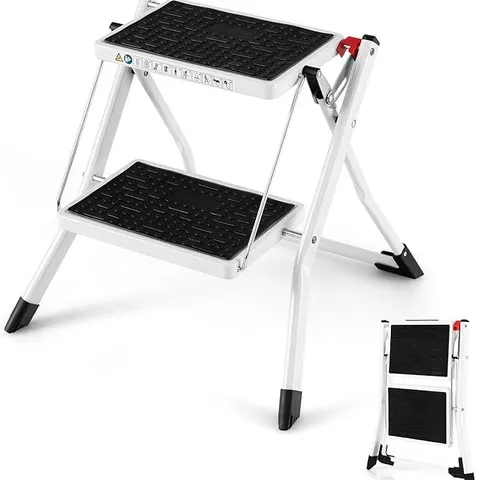 BOXED COSTWAY FOLDING 2 STEP LADDER WIHT ANTI-SLIP PEDAL AND LARGE FOOT PADS - WHITE