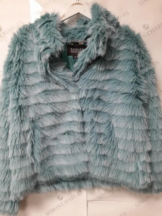 BADGLEY MISCHKA LADIES WAVE TEXT FAUX FUR JACKET AQUA SIZE M