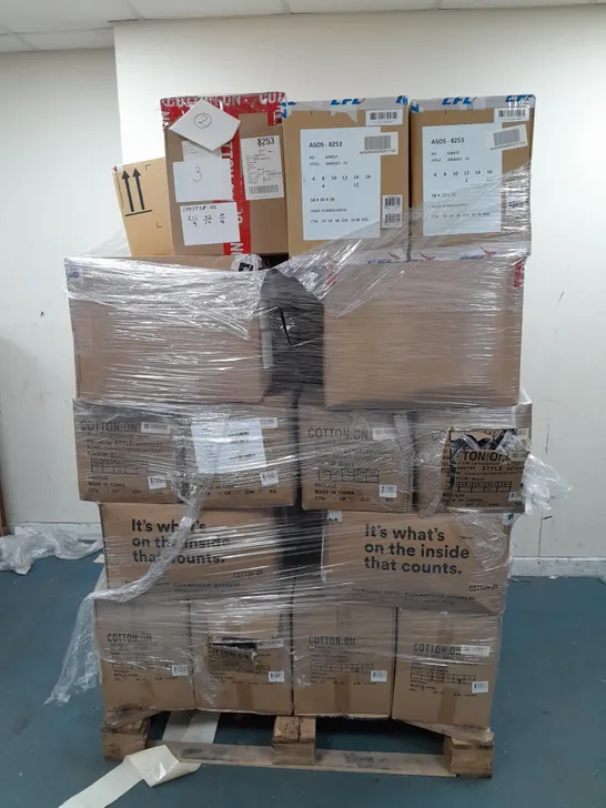 PALLET OF APPROX 35 BOXES OF ASSORTED BRAND NEW CLOTHING ITEMS IN VARIOUS SIZES & COLOURS TO INCLUDE - JEANS , LEGGINGS , SHAKET ETC- COLLECTION ONLY