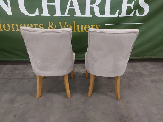 SET OF 2 DUKE MINK VELVET BUTTON BACK DINING CHAIRS WITH OAK LEGS