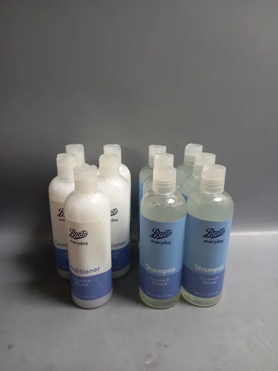 LOT OF APPROX. 11 BOTTLES OF BOOTS EVERYDAY SHAMPOO AND CONDITIONER COCONUT AND ALMOND 500ML