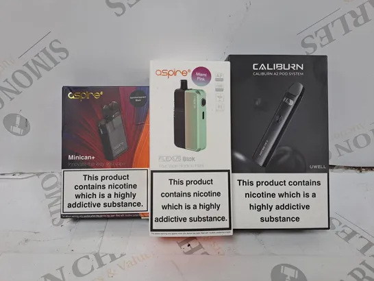 APPROXIMATELY 20 VAPES & E-CIGARETTES TO INCLUDE - CALIBURN A2 POD SYSTEM - ASPIRE FLEXUS BLOK - ASPIRE MINICAN+ ECT