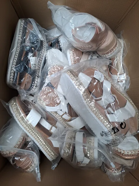 BOX OF APPROXIMATELY 20 ASSORTED PAIRS OF SANDAL FOOTWEAR ITEMS IN VARIOUS COLOURS AND SIZES