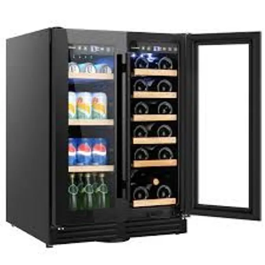 COSTWAY DUAL ZONE WINE BEVERAGE REFRIGERATOR, 120L DOUBLE DOOR COMMERCIAL BOTTLE FRIDGE WITH LED LIGHTING, 2 INDEPENDENT CONTROL ZONES, REMOVABLE SHELVES & SAFETY LOCK, BACK BAR DRINK FRIDGE