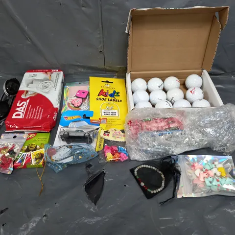 BOX OF ASSORTED TOYS AND GAMES TO INCLUDE GOLF BALLS, HOT WHEELS AND MODELLING CLAY