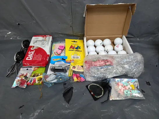 BOX OF ASSORTED TOYS AND GAMES TO INCLUDE GOLF BALLS, HOT WHEELS AND MODELLING CLAY