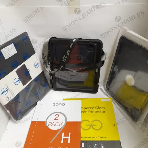 BOX OF 5 ASSORTED TABLET ACCESSORIES TO INCLUDE GLASS PROTECTORS, DELL PREMIER SLEEVE, PROTECTIVE CASE ETC 