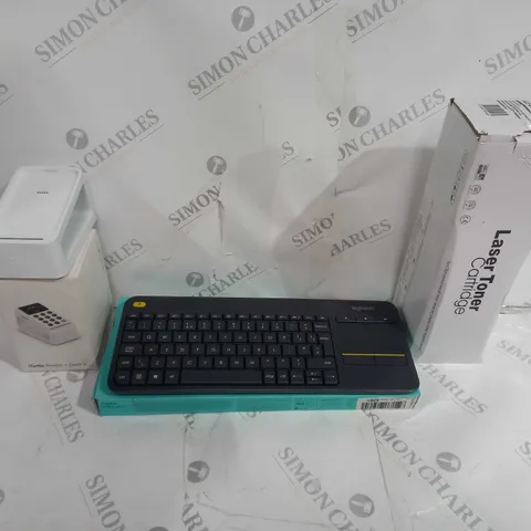 BOX OF 3 ASSORTED ITEMS TO INCLUDE K400 KEYBOARD, LASER TONER CARTRIDGE AND IZETTLE READER+DOCK 2