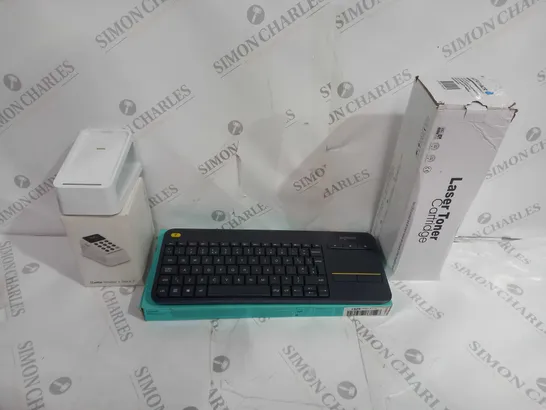 BOX OF 3 ASSORTED ITEMS TO INCLUDE K400 KEYBOARD, LASER TONER CARTRIDGE AND IZETTLE READER+DOCK 2