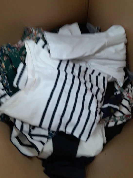 BOX OF APPROXIMATELY 20 ASSORTED CLOTHING ITEMS TO INCLUDE PANTS, TOPS, DRESSES ETC