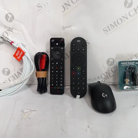 BOX OF APPROXIMATELY 9ASSORTED ITEMS TO INCLUDE - LOGITECH WIRELESS MOUSE - SKY REMOTE - VIDEO BALUN HDMI ECT