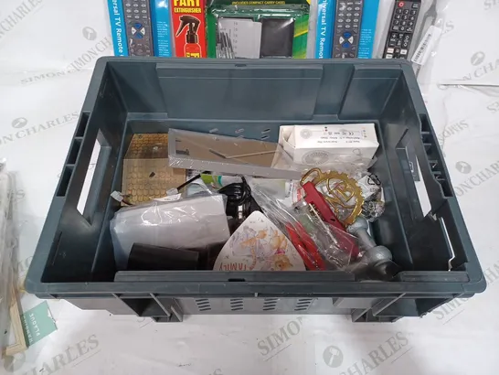 BOX TO CONTAIN APPROX. 25 X ASSORTED HOUSEHOLD PRODUCTS. INCLUDES GOLF BALLS, TV REMOTES, TAPE MEASURE, FLY KILLER ETC