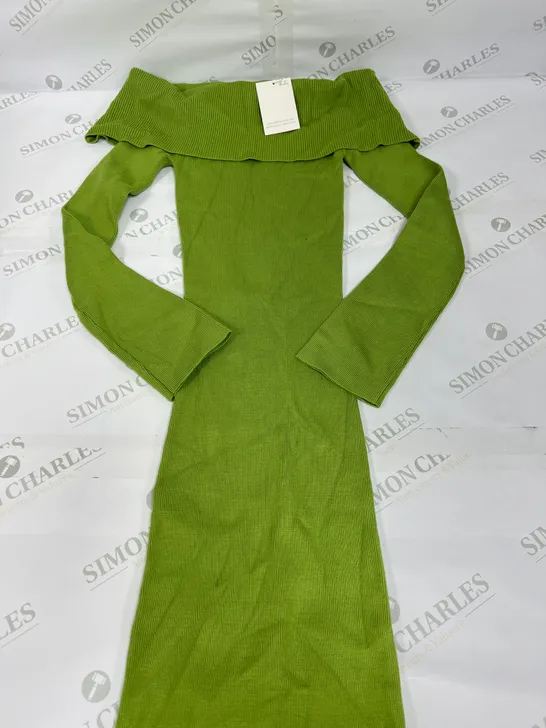 PRETTY LAVISH BARDOT KNITTED MIDI DRESS IN OLIVE GREEN SIZE XS