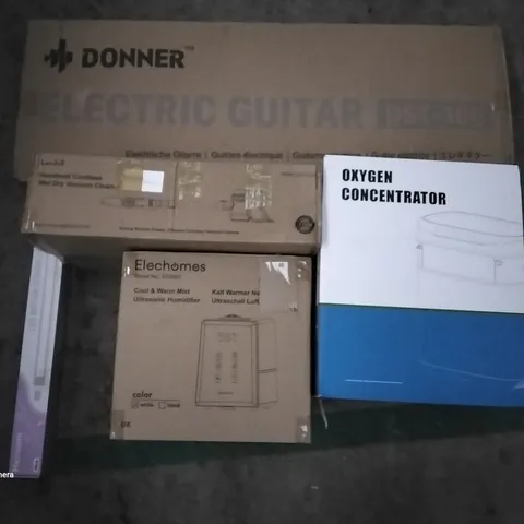 PALLET OF ASSORTED ITEMS INCLUDING DONNER ELECTRONIC GUITAR, OXYGEN CONCENTRATOR, ELECHOMES ULTRASONIC HUMIDIFIER, LED MOTION SENSOR LIGHT KIT, HANDHELD CORDLESS VACUUM CLEANER, BRAAVA JET ROBOT MOP 