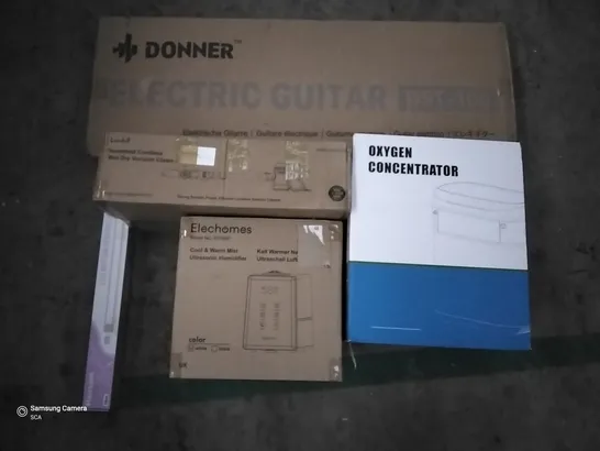 PALLET OF ASSORTED ITEMS INCLUDING DONNER ELECTRONIC GUITAR, OXYGEN CONCENTRATOR, ELECHOMES ULTRASONIC HUMIDIFIER, LED MOTION SENSOR LIGHT KIT, HANDHELD CORDLESS VACUUM CLEANER, BRAAVA JET ROBOT MOP 