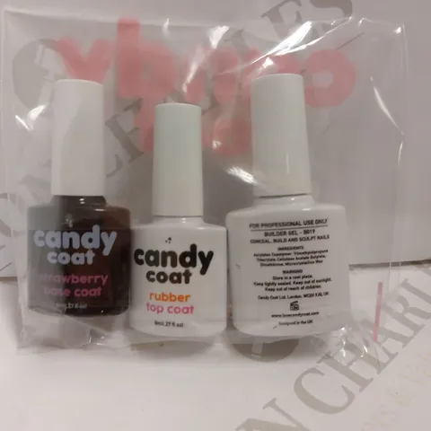 BOX OF 3 CANDY COAT ITEMS TO INCLUDE BASE COAT, TOP COAT AND BUILDER GEL